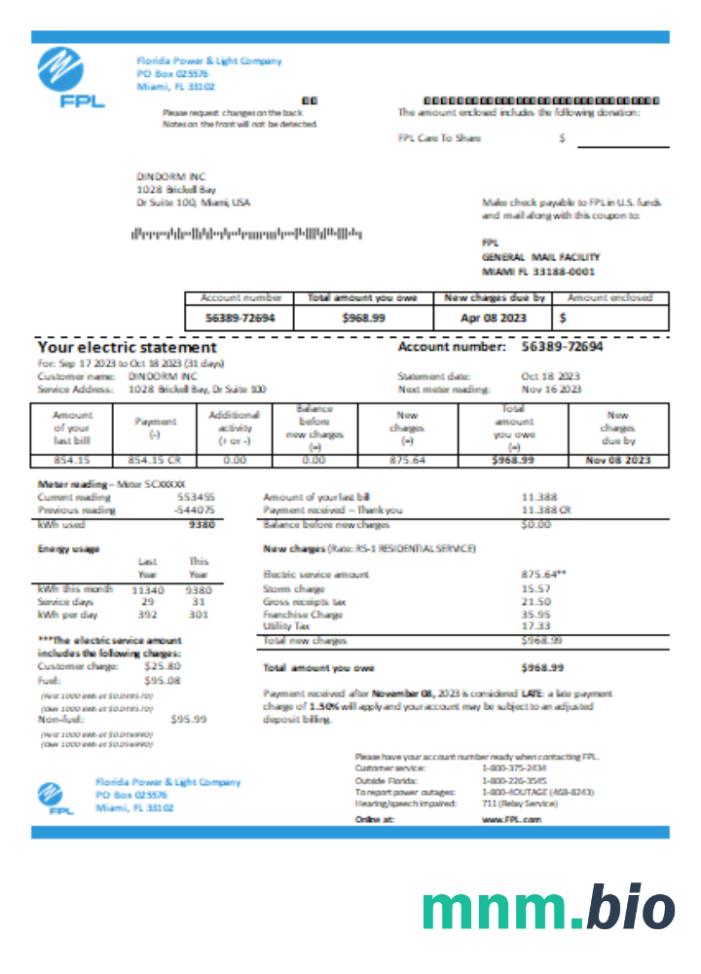 Florida Power & Light Company (FPL) rachunek za energię elektryczną